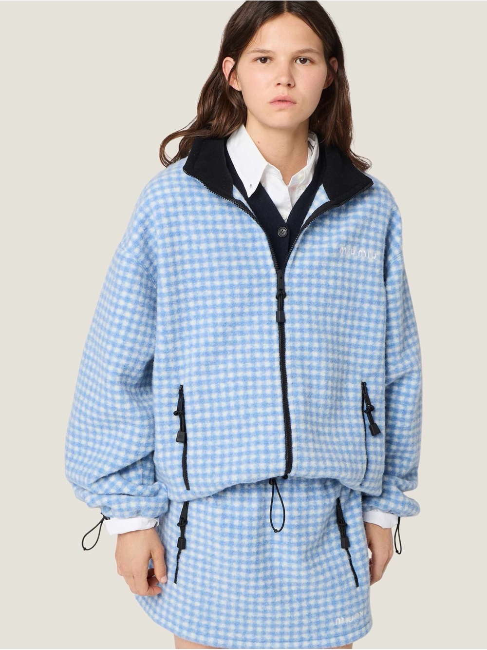 NWOT Miu Miu Blue Gingham Fleece Jacket, Size M